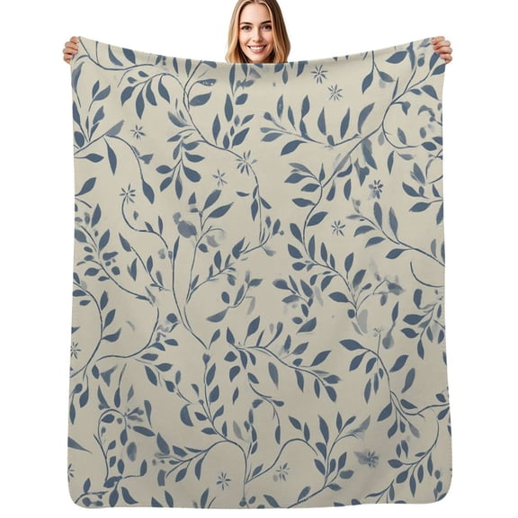 Blue floral cream background pattern Flannel Blanket Warm Soft Bedding Throws Winter Camping Chair Sofa Bed