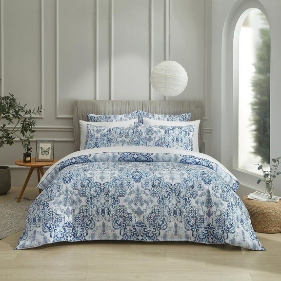 Blue floral down duvet cover 3-piece set, luxurious patterned bedding duvet cover set, 1 duvet cover +2 pillowcases without cores, zipper style, cool and breathable, suitable for all seasons