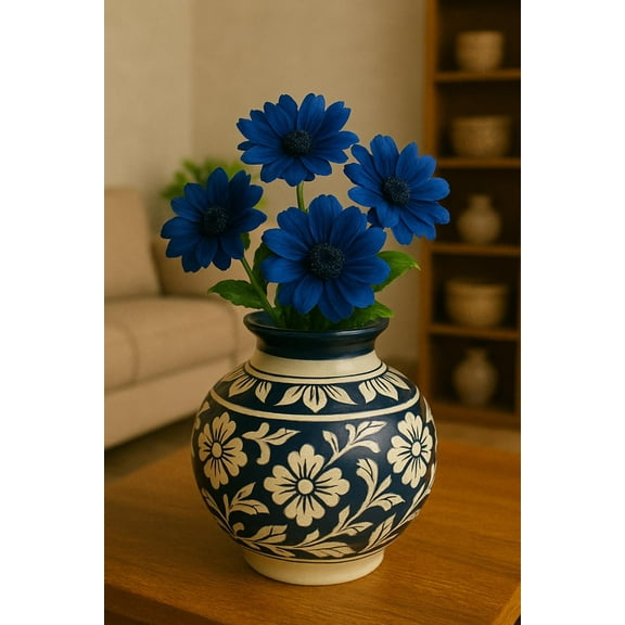 Blue flower 8 inch Ceramic Vase Handmade Pottery for Home Decor