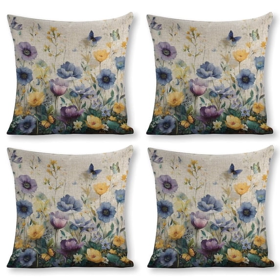 Blue flower butterfly Linen toss pillowcase Decoration pillowcase Gift preferred 18x18" Cushion cover 4 set Sofa pillowcase Sofa bedroom living room car