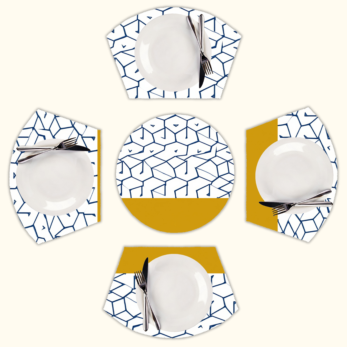 Blue geometric pattern gold base Round Table Placemats Set Of 5 Wedge ...
