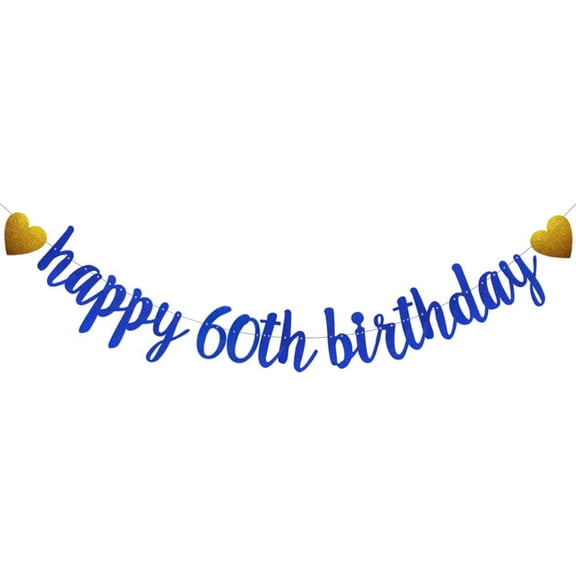 Blue glitter Happy 60th Birthday Banner, Pre-Strung,Man's 60th Birthday Party Decorations Supplies, Happy 60th Birthday