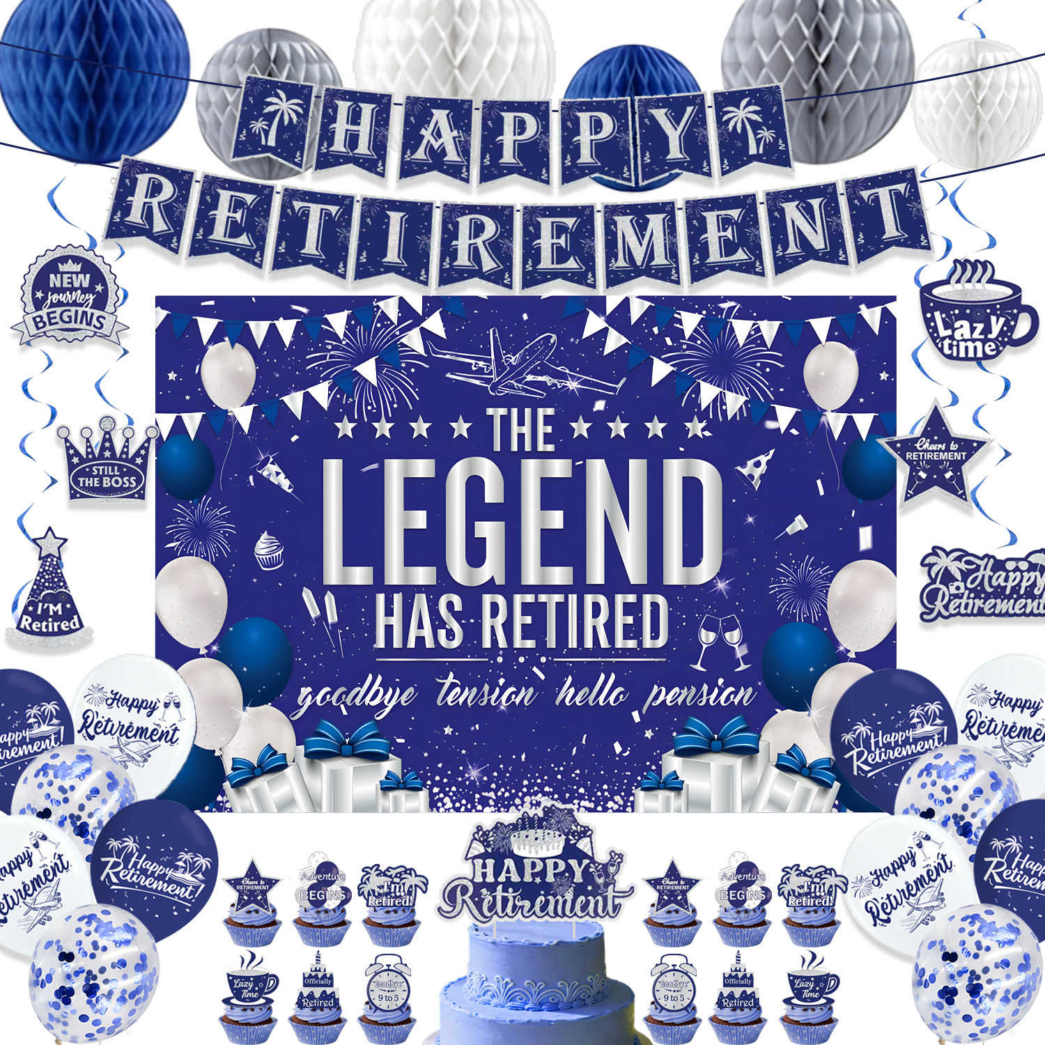 Blue and gold retirement party decorations, including banners ...