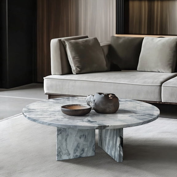 Blue gray natural marble coffee table, small living room table with Ø70 h32 cm & Ø27.6 h12.6 Inch, genuine marble surface.