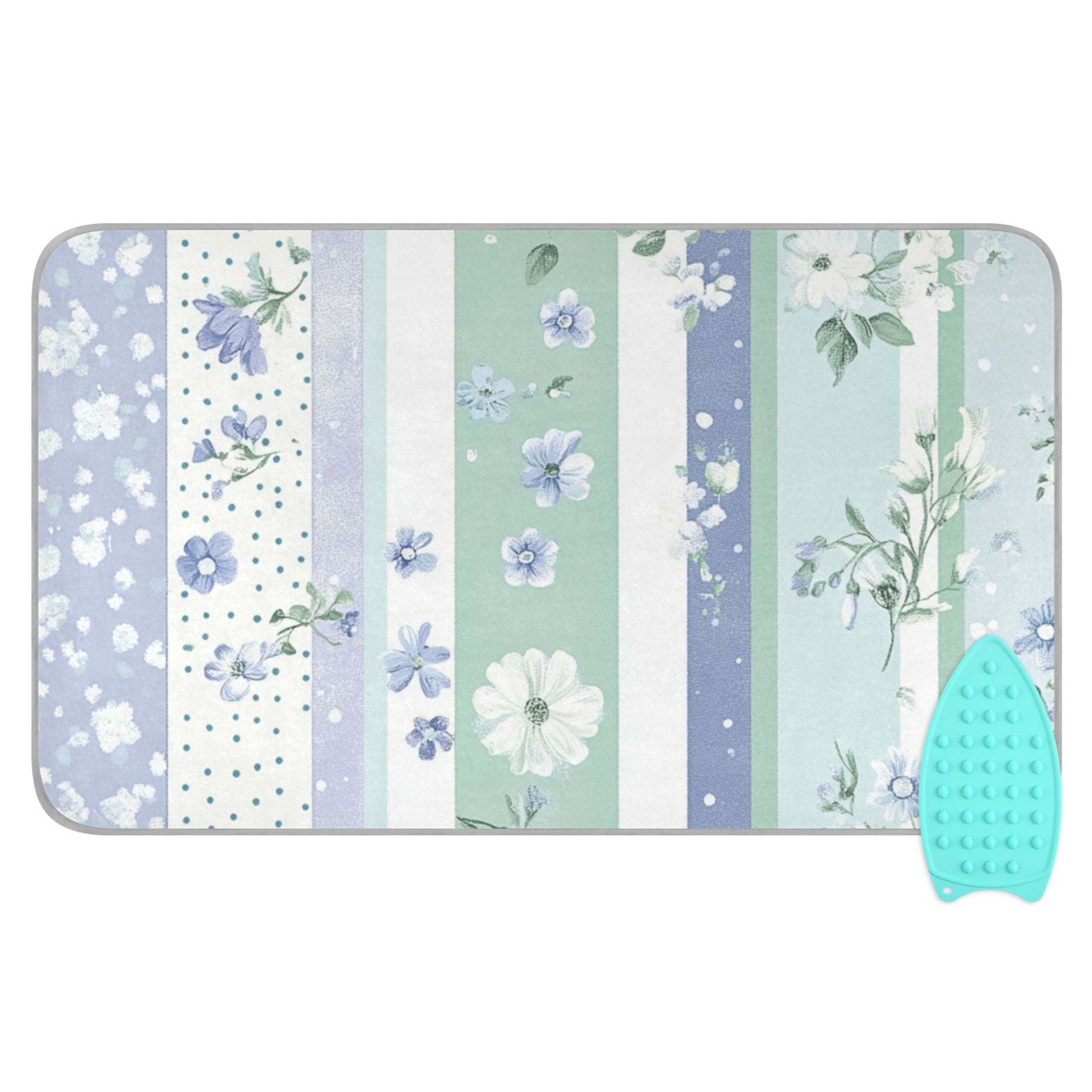 Blue-green Vertical Stripes Florals Leaves Ironing Mat Blanket Portable Travel Ironing Pad Heat Resistant Pad 47.2" x 27.6”