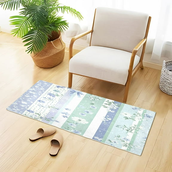 Blue-green Vertical Stripes Florals Leaves Plush Carpet Non Slip Runner Rug Absorbent Bath Mat 39" x 20"