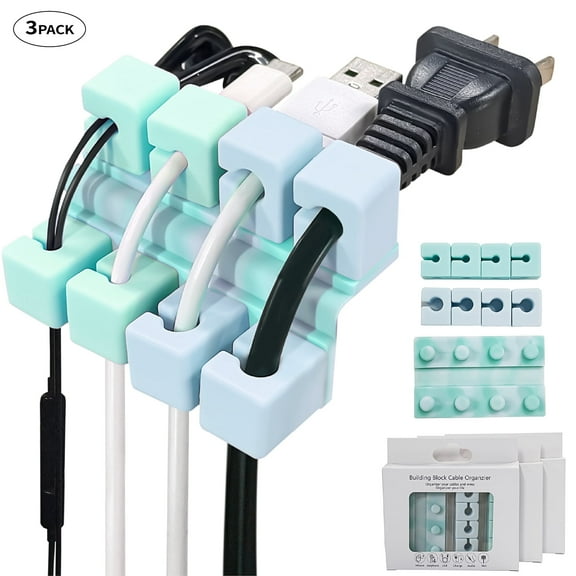 3-Pack Blue-Green Silicone Cable Clips ,Cord Keeper with Flexible Base - Durable Non-Toxic Adhesive Cord Clips for Home/Office Desks (2.71x1.6 Inch)