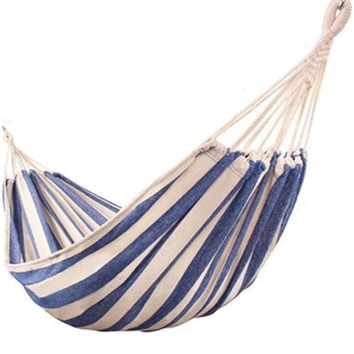 Blue hammock stand made of soft and high quality canvas, large portable hanging hammock for camping and outdoor use (blue and white stripes)