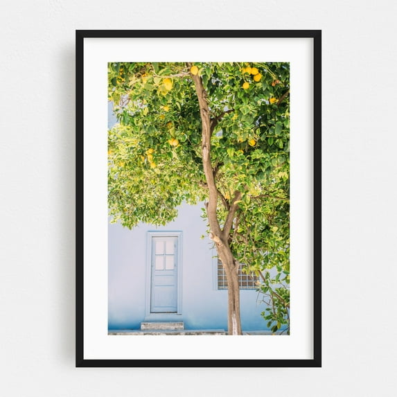 Blue house and lemon tree in Greece | Mediterranean summer wall art - Nafplion Greece Photography Lemon Mediterranean Botanical Garden Pastel Architecture Black Framed Wall Art Print 5 x 7 inches