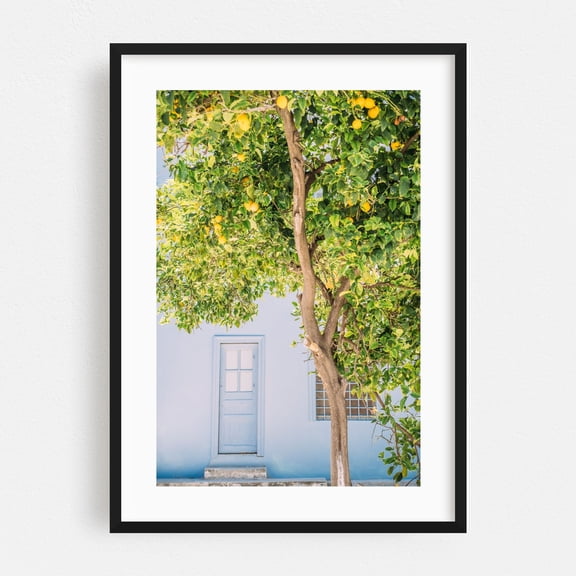 Blue house and lemon tree in Greece | Mediterranean summer wall art - Nafplion Greece Photography Lemon Mediterranean Botanical Garden Pastel Architecture Black Framed Wall Art Print 12 x 18 inches
