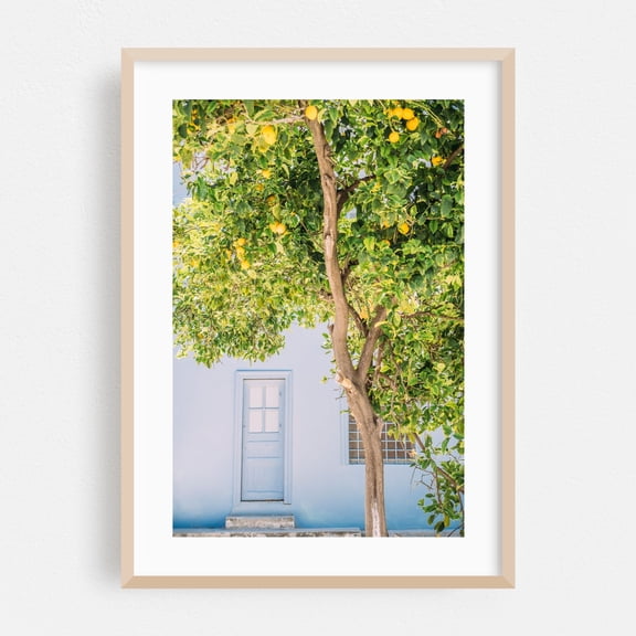 Blue house and lemon tree in Greece | Mediterranean summer wall art - Nafplion Greece Photography Lemon Mediterranean Botanical Garden Pastel Architecture Oak Framed Wall Art Print 24 x 36 inches