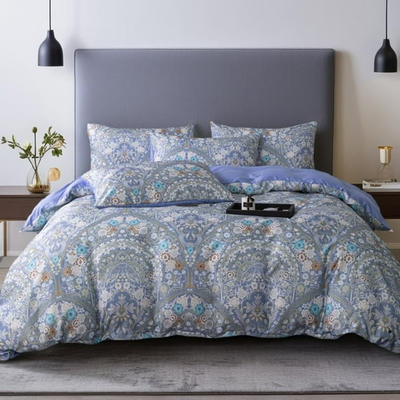 Blue Gray Floral Jacquard 3 Piece Comforter Set , Adult Bedding, 1 Duvet Cover + 2 Pillow Cases, Anti-Allergy Zipper, Queen/King Size