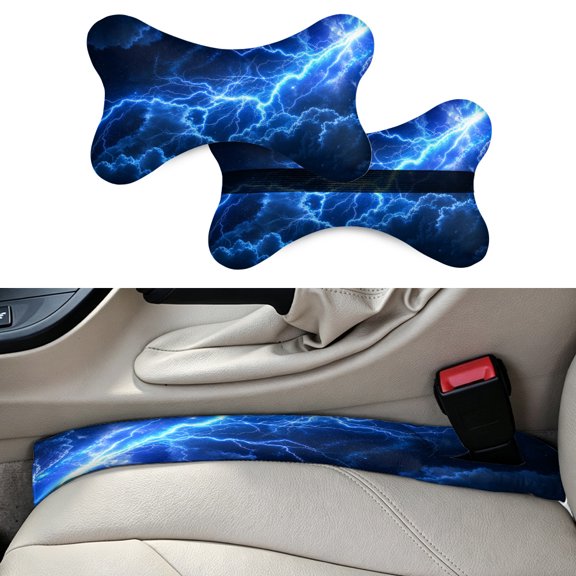 Blue lightning storm Pattern 2pcs Car Headrest Car Neck Pillow + 2 pack Car Seat Gap Filler - Universal Car SUV Truck(style 8)