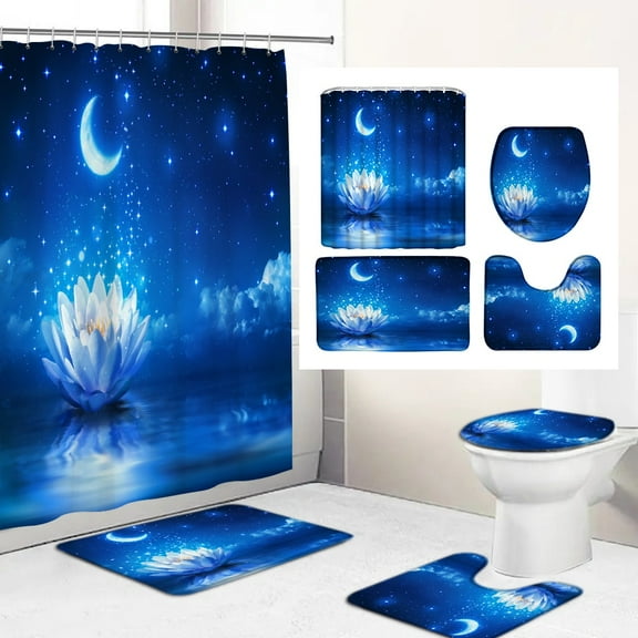 Blue lotus Flower Shower Curtain Set Toilet Seat Cover Bathroom Accessory Non-Slip Carpet Bath Mat Rugs Waterproof Bath Curtains