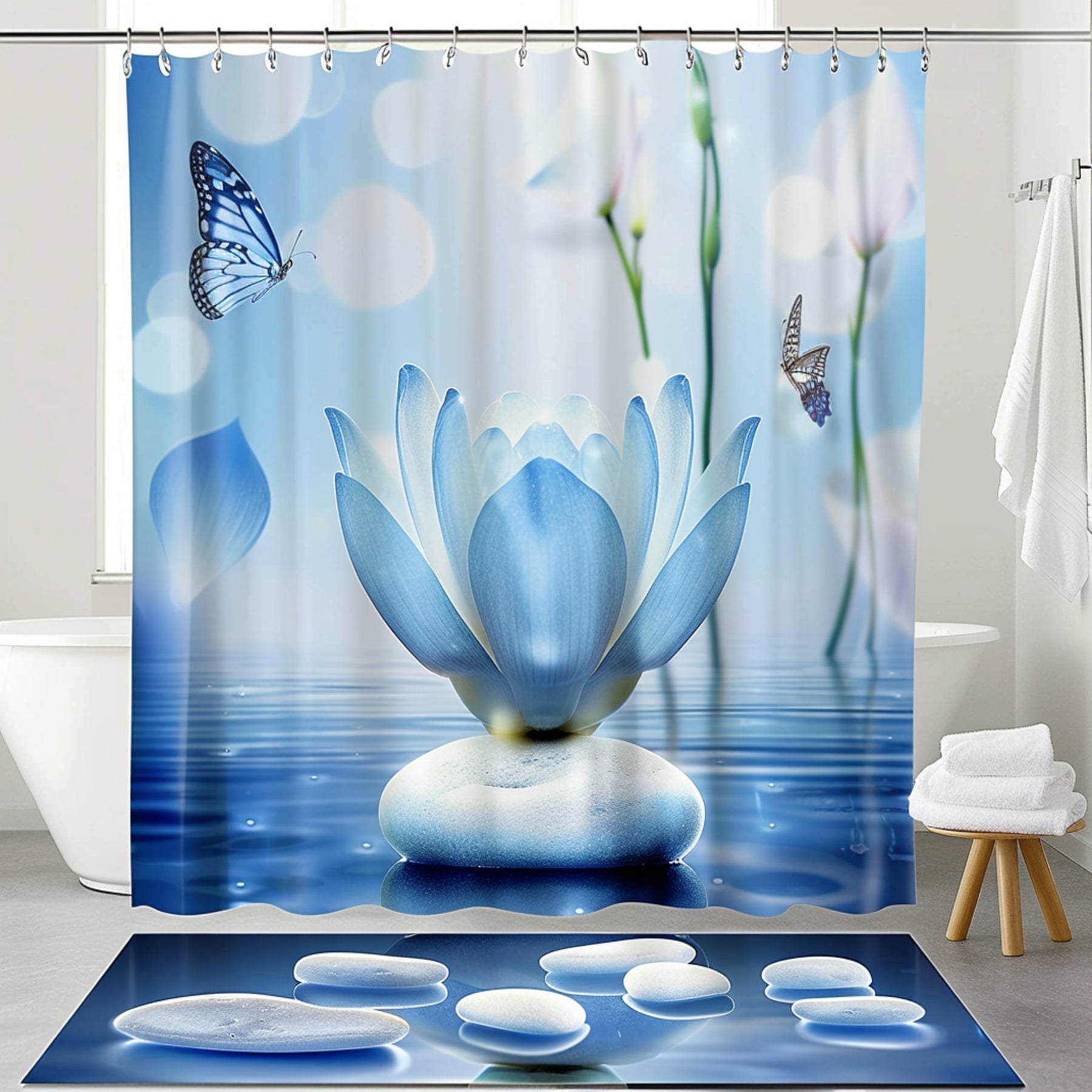 Blue lotus flower and white pebbles with butterfly print high