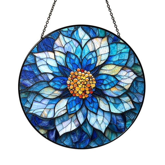 Blue lotus stained glass window piece, vivid floral design adding soothing charm to any space