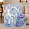 thumbnail image 1 of Blue mane white horse garden Flannel Blanket soft lavender floral equine artwork Home Decor for couch bedroom reading nook, Christmas Gift for horse lovers and teens, 1 of 9