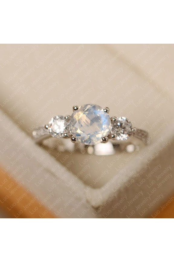 Blue moonstone ring, sterling silver, engagement ring for women, round cut, June birthstone ring