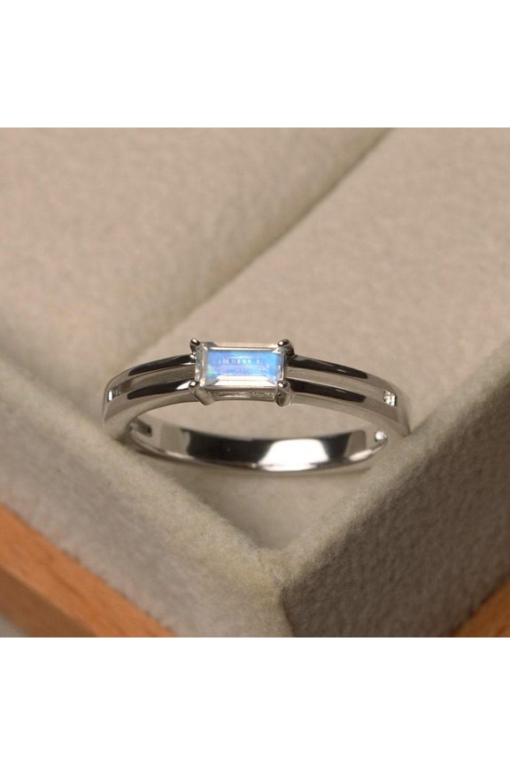 Blue moonstone ring, sterling silver, engagement ring for women, round cut, June birthstone ring