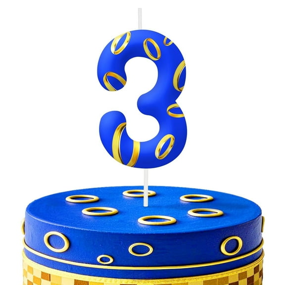Blue number 3 birthday candle (3 candle), gold ring print birthday candle, blue cartoon hedgehog party decorations, birthday cake decorations
