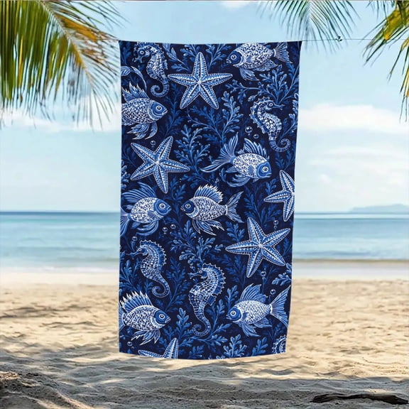 Blue ocean starfish shell beach towel, coastal marine life pattern, white coral seahorse fish print, summer poolside vacation towel