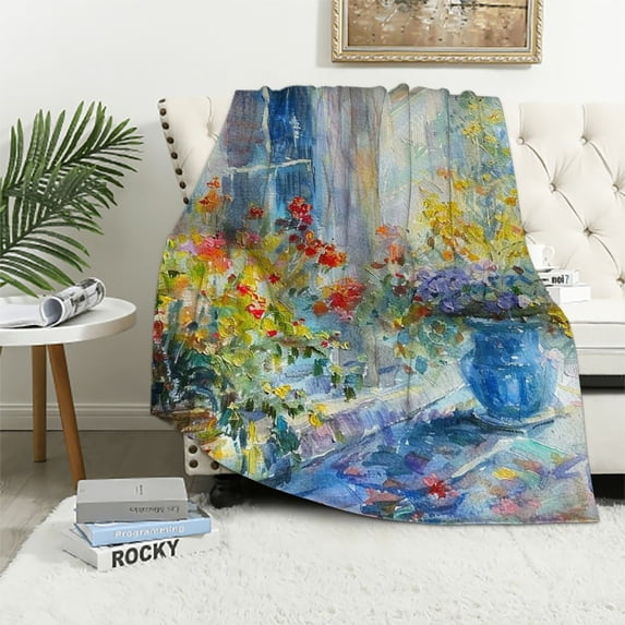 Blue oil painting landscape platform, coastal flower home decoration, warm and comfortable sofa bed, soft blanket, comfortable flannel blanket, high-end Multiple specifications