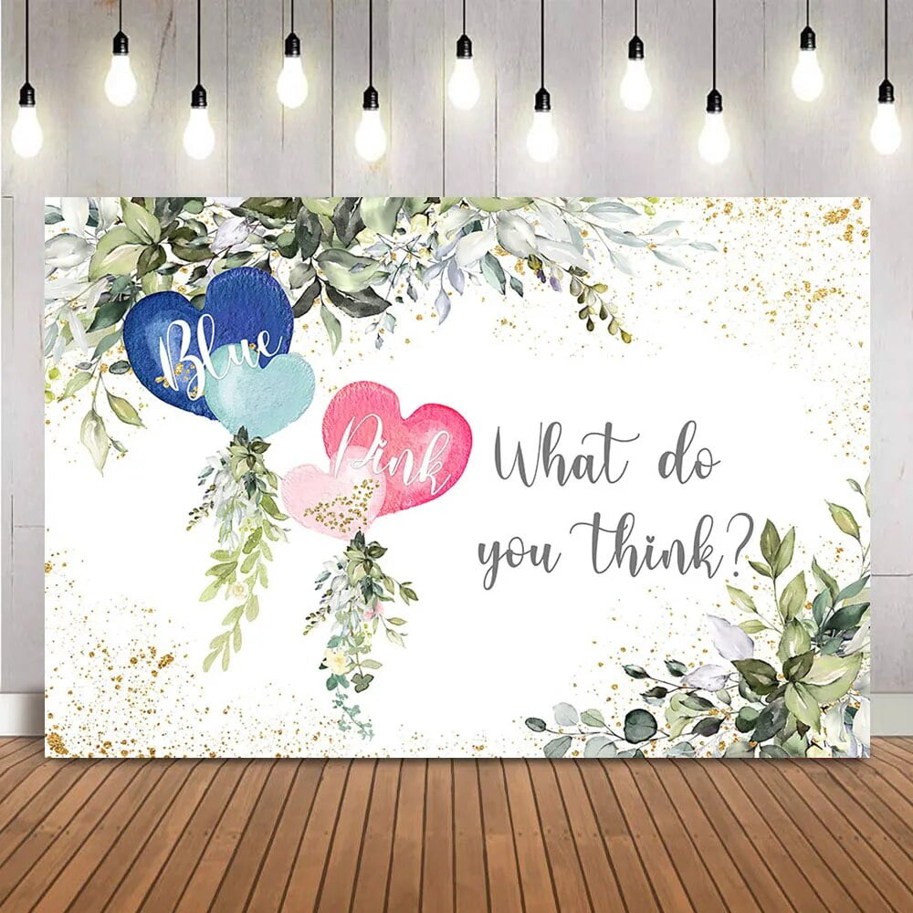 Blue or Pink Gender Reveal Backdrop Baby Shower Green Leaves Photo