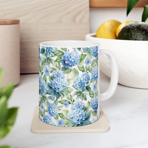Blue pastel Hydrangea Ceramic Mug Floral Flower Tea Coffee Cup.
