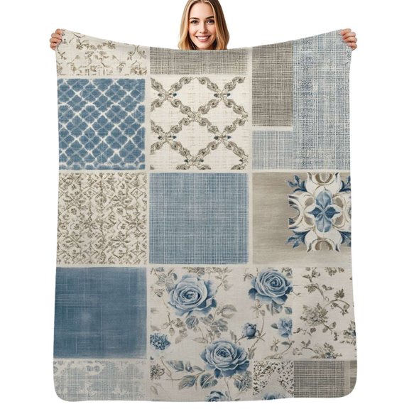 Blue patchwork textile design tiles Soft Blanket Travel Bedding Throws Flannel Bedspread Sofa Bed Cover