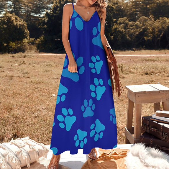 Blue pattern with doodle dog Puppy paws Footprints Sleeveless Dress summer dresses women Woman dresses