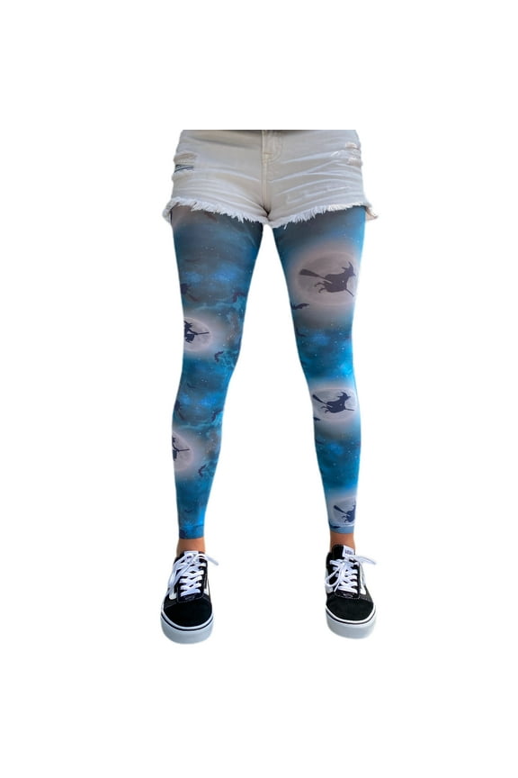 Blue patterned footless tights with Witches and moon all over the legs