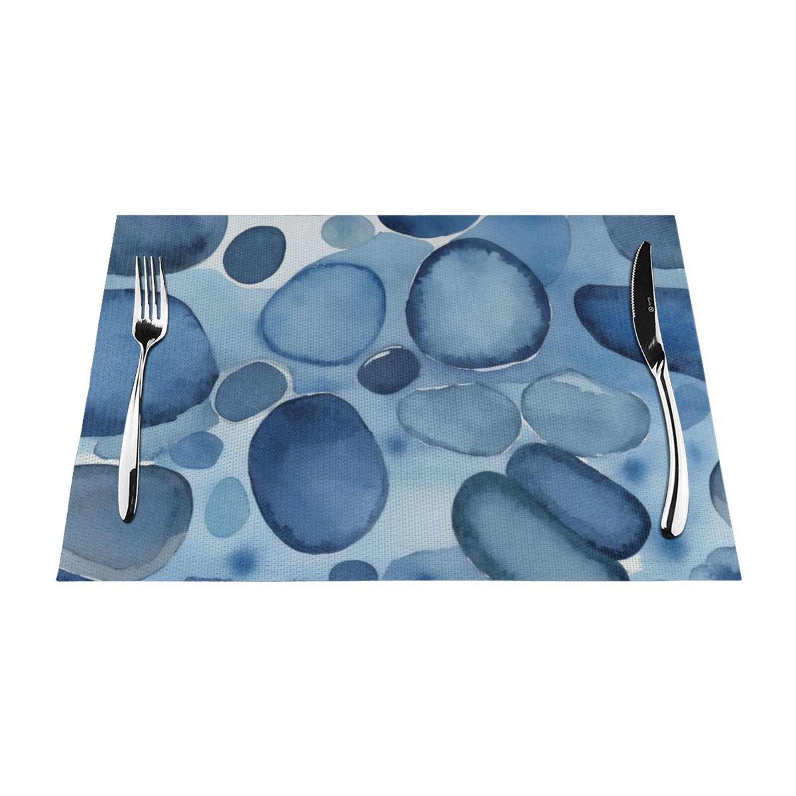 Blue pebblestone watercolor placemats, washable, heat and stain