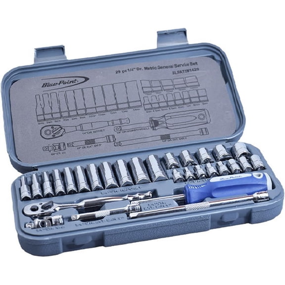 Blue point 29pcs 1/4Dr. Socket Set 6 Point BLPATSM1429 with Ratchet, Extensions and Spinner Handle