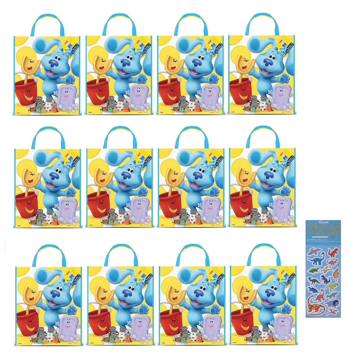 Blue's Clues Birthday Baby Shower Party Supplies Bundle includes 12 Plastic Party Favor Tote Bags and 1 Dinosaur Sticker Sheet