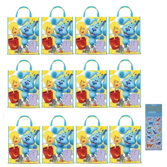 Blue's Clues Birthday Baby Shower Party Supplies Bundle includes 12 Plastic Party Favor Tote Bags and 1 Dinosaur Sticker Sheet