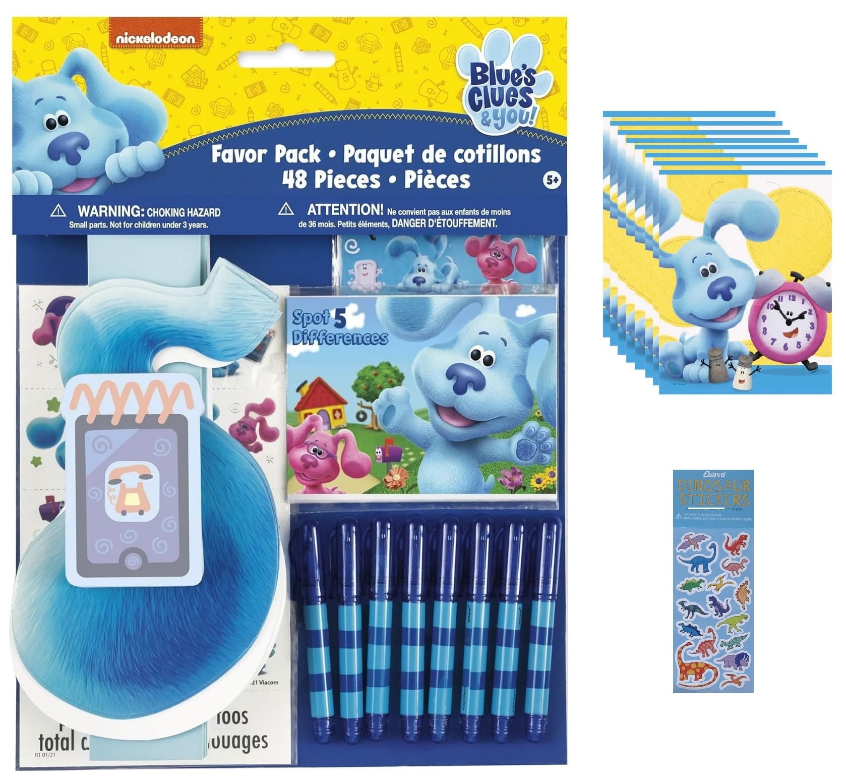 Blue's Clues Birthday Party Supplies Bundle includes 8 Plastic Loot Bags, 48 Piece Party Pack, and 1 Dinosaur Sticker Sheet