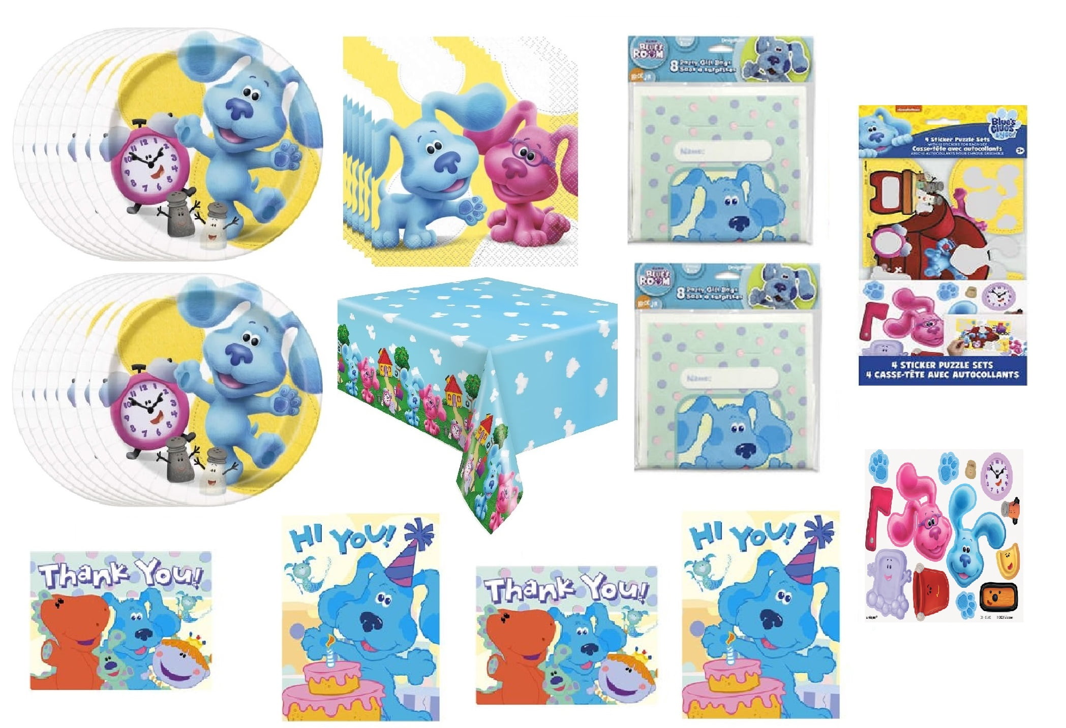 Blue's Clues Birthday Party Supplies Set for 16 includes Dessert Cake Plates, Small Napkins, Table Cover, Party Invitations with Envelopes, Thank You Notes, Loot Bags, Activity Book with Stickers