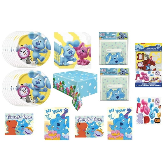 Blue's Clues Birthday Party Supplies Set for 16 includes Dessert Cake Plates, Small Napkins, Table Cover, Party Invitations with Envelopes, Thank You Notes, Loot Bags, Activity Book with Stickers