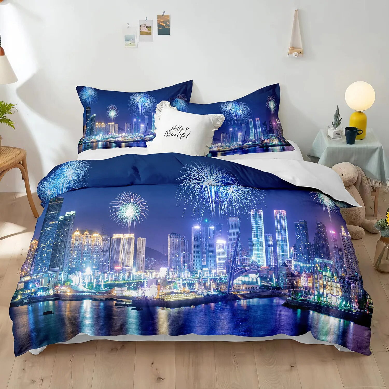 Blue s Duvet Cover Set 3D Romantic Theme Beautiful City Night New Year