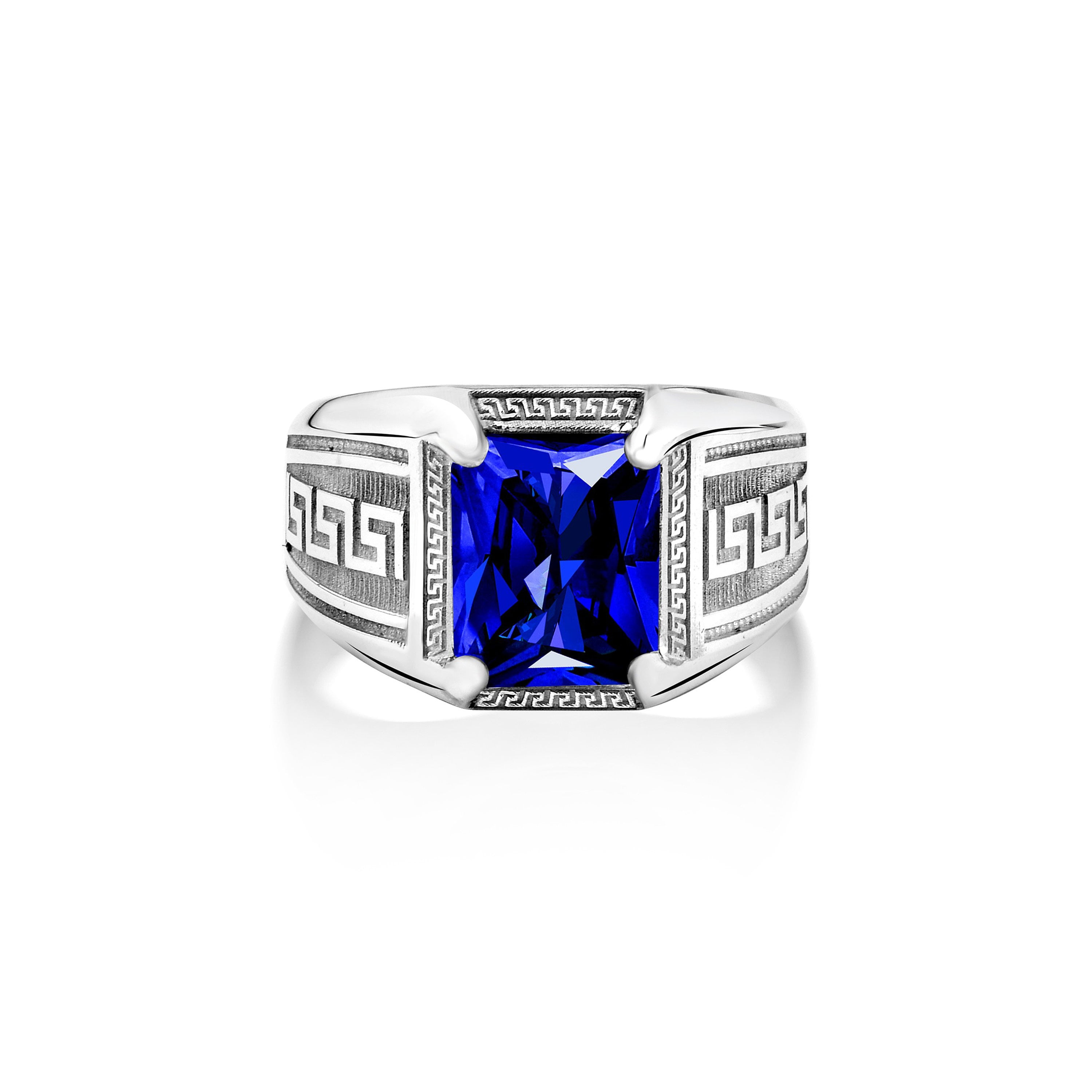 Blue sapphire mens solitaire ring with engraved meander, 925 silver big