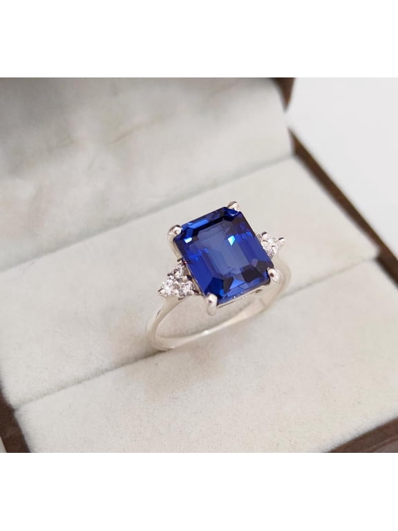Emerald Cut Blue Sapphire Ring 5 ct. t.w. 925 Sterling, Sterling Silver
