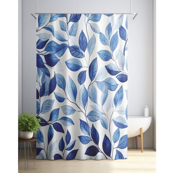 Blue shower curtain, leaves print botanical design watercolor effect modern nature concept art pattern, fabric bathroom decor set with hooks