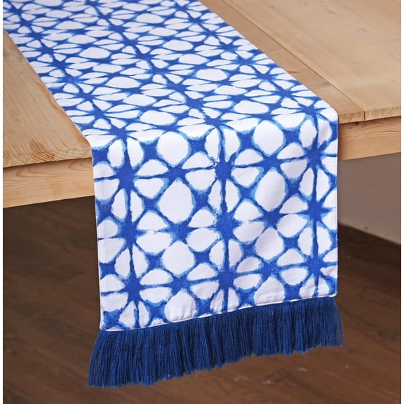 Blue table runner, tie dye print, blue fringe border, cotton table runner, sizes available