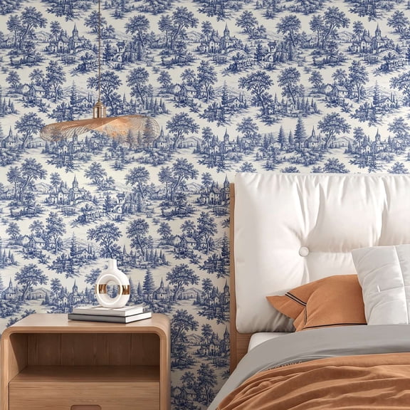 Blue toile landscape pattern wallpaper.Classical French vintage aesthetic style.Suitable for indoor walls or cupboards.Durable home decor peel and stick wallpaper.