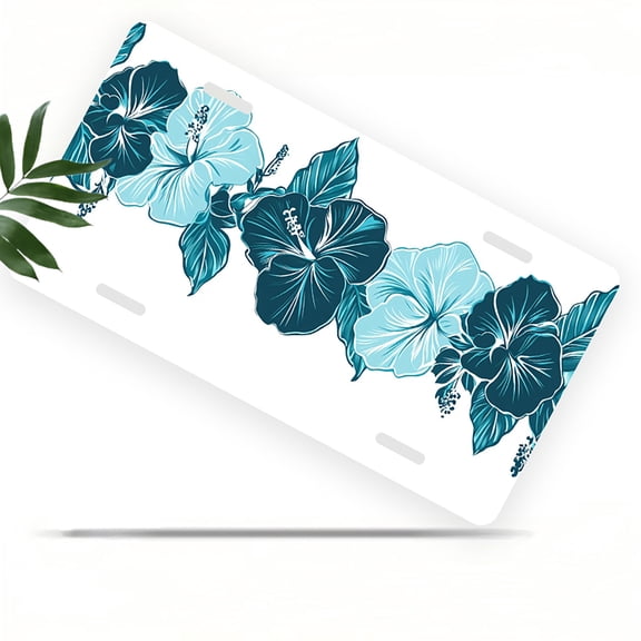 Blue toned Hibiscus Border Front License Plate, Metal License Plate, Funny Standard Plates Personalized Novelty Decorative For Men/Women/Boys/Girls Car 6×12 Inch