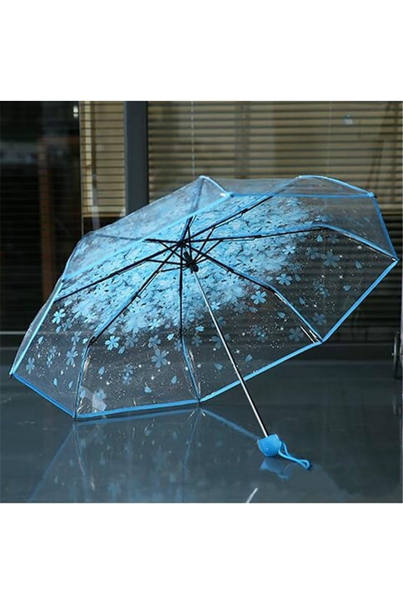 Blue transparent automatic opening dome umbrella. Rainproof and durable PVC material. Essential for Outdoor Wedding Travel