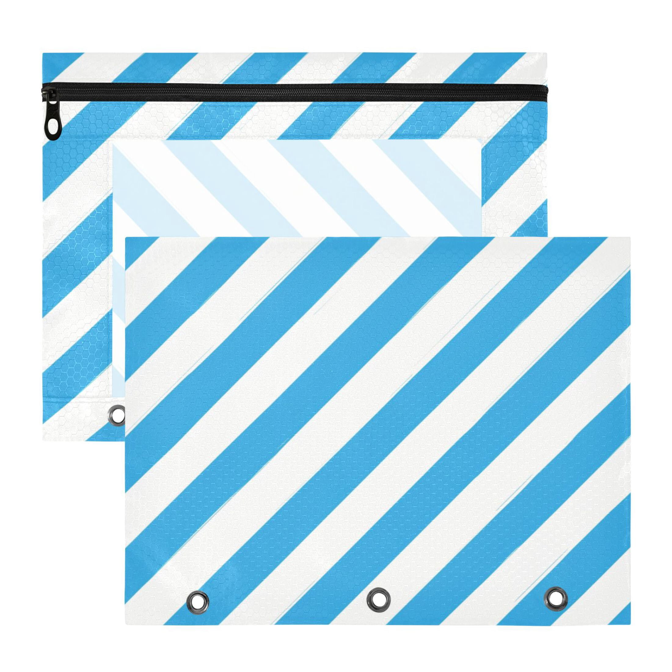 Blue-white Diagonal Stripes 3-Ring Binder Pouches A4 Size Zipper Pocket ...