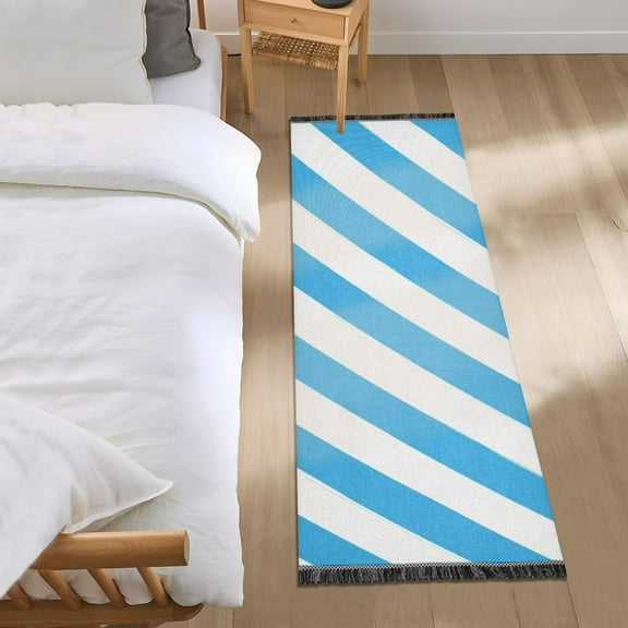 Blue-white Diagonal Stripes Bedside Runner Rug 2'x 6' Non Slip Carpet Floor Mat Area Rug