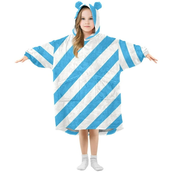 Blue-white Diagonal Stripes Flannel Wearable Blankets Hooded Design Long Sleeves Wrap Unisex for 3T-14Y S