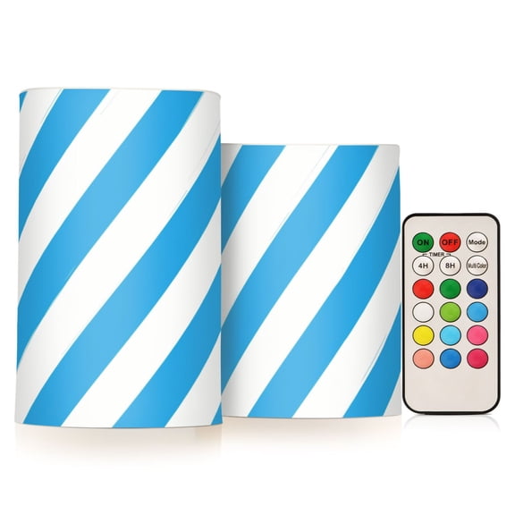Blue-white Diagonal Stripes Flickering Flameless Candles LED Tealight Battery Operated with Remote Set of 2 Holiday Decor Ornaments